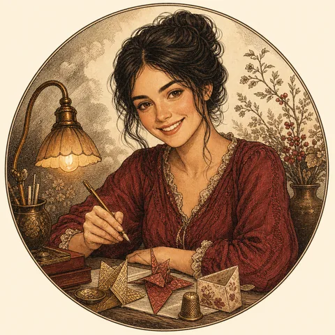 Illustration of a woman crafting at a lamp-lit desk